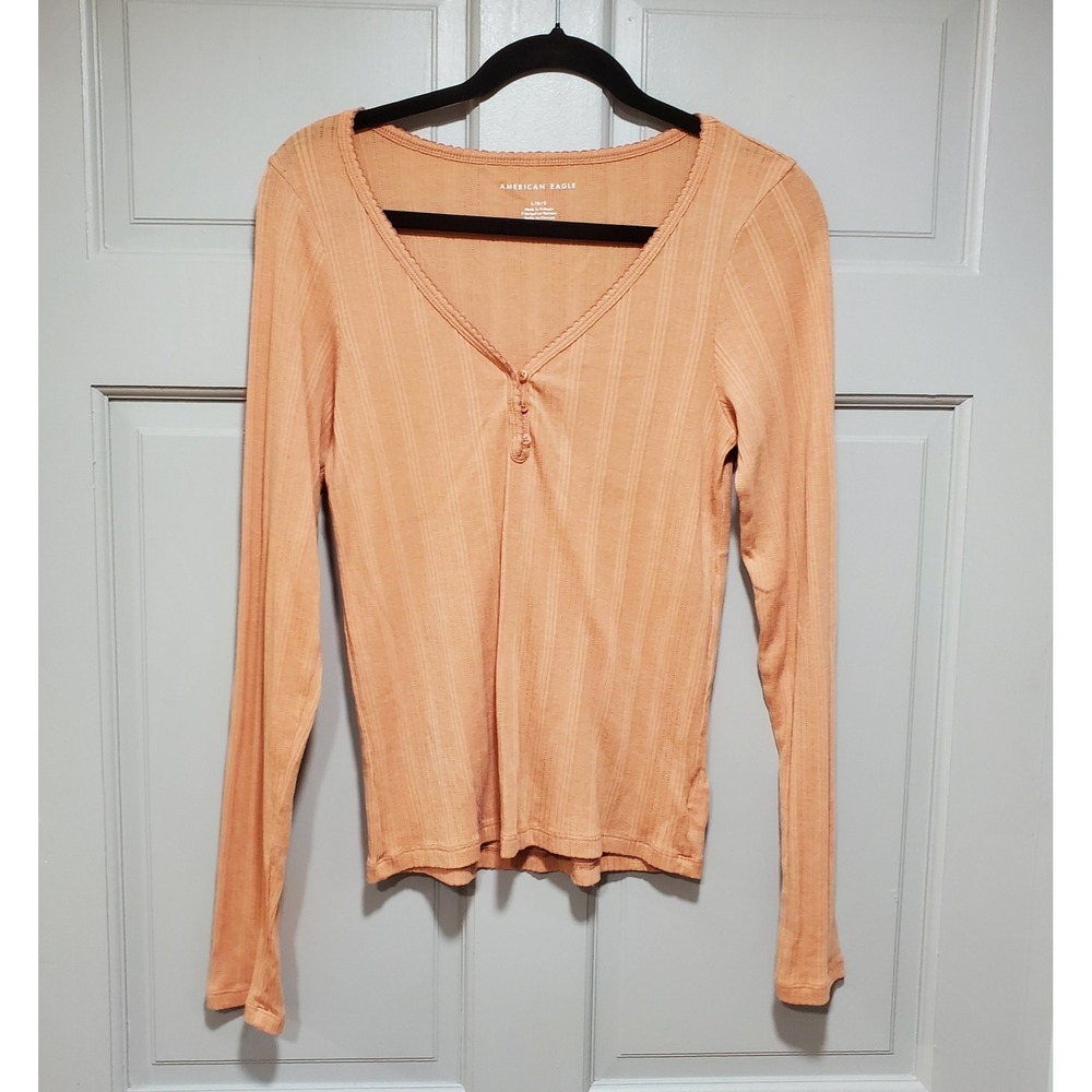 American Eagle Women Ribbed Stretchy Long Sleeve Henley T-Shirt Top Coral Large